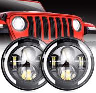 набор из двух 7-дюймовых круглых черных передних фар cree led для jeep wrangler jk tj lj cj 97-18, повышенная/низкая линза с дневными ходовыми огнями (drl) бело-янтарного цвета и гало-накаливаемые ангельские глазки для hummer h1 h2 motorcycle логотип