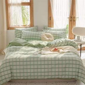 img 4 attached to 🟩 Modern Geometric Plaid Reversible Duvet Cover Set: EAVD Green Plaid Grid Queen Bedding with Pillowcases - 100% Cotton, Zipper Closure & 4 Ties