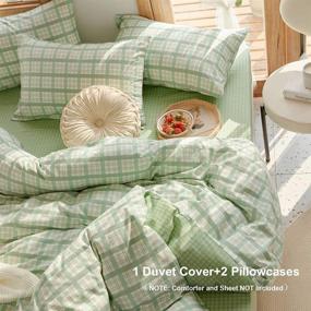 img 1 attached to 🟩 Modern Geometric Plaid Reversible Duvet Cover Set: EAVD Green Plaid Grid Queen Bedding with Pillowcases - 100% Cotton, Zipper Closure & 4 Ties