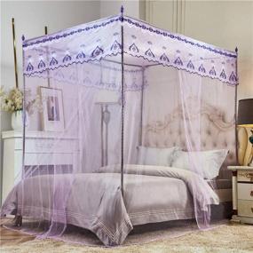 img 3 attached to Elegant Bed Curtains Canopy with Embroidery Lace, 4 Corner Post Canopy Netting for Queen 👑 Bed, Perfect Princess Canopy for Girls, Kids, Toddlers, Crib or Adult, Beautiful Bedding Décor in Purple