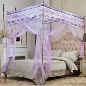 img 2 attached to Elegant Bed Curtains Canopy with Embroidery Lace, 4 Corner Post Canopy Netting for Queen 👑 Bed, Perfect Princess Canopy for Girls, Kids, Toddlers, Crib or Adult, Beautiful Bedding Décor in Purple