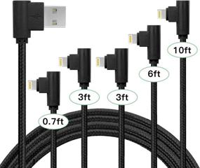 img 4 attached to Набор из 5 шнуров [0.7FT/3FT/3FT/6FT/10FT] с 90-градусной изогнутостью, плетеный из нейлона, для зарядки и синхронизации 🔌 - длинный кабель для телефона, совместимый с iPhone 12/11/Pro/Xs Max/8/8Plus/7/7Plus/6S/6s Plus/SE (черный)