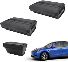 img 4 attached to 🚗 powoq Fit Tesla Model Y Ящик под сиденьем органайзер под сиденьем Ящик для хранения Органайзер для сиденья сумка для аксессуаров 2020 2021 Tesla Model Y (ПУ, комплект из 3 штук)