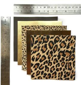 img 2 attached to Натуральные листы кожи для ремесел и изготовления сережек: леопардовый принт 5x5 дюймов - набор из 5 штук подлинной коричневой кожи, включающий 2 вида золотой металлизированной кожи.