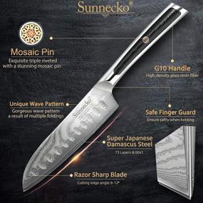 img 3 attached to 🔪 Sunnecko Дамасская кухонный нож 5 дюймов: премиум японский нож Сантоку с острым лезвием из VG-10 дамасской стали для легкой подготовки мяса и овощей - ручка из G10, нержавеющее лезвие