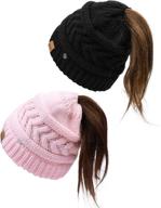 🧣 stay stylish and cozy with pukavt 2 pack winter warm chunky cable mess knit ponytail beanie hat for women logo