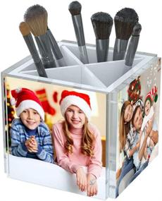 img 4 attached to 🖊️ NIUBEE Acrylic Picture Pen Holder Desk Organizer - 4x4" Photo Cube Pencil Brush Holder for Home Office Desktop Supplies
