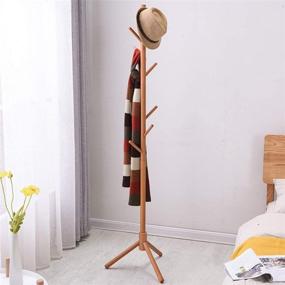 img 2 attached to 🧥 Premium Pine Wood Coat Rack - Free Standing Coat Stand with 8 Hooks for Coats, Hats, Scarves, and Bags