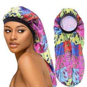 img 4 attached to 🦚 Colorful Peacock Extra Long Satin Bonnet Sleep Cap for Braided Hair and Loose Styles