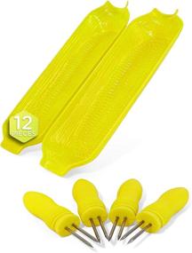 img 4 attached to 12-Piece Ram-Pro Corn Holders and Trays Set - 8 Stainless Steel Pins with Plastic Handles 🌽 and 4 Trays - Ideal for Home Cooking, BBQ, and Grilling - Large Handle Pin Grips in Yellow