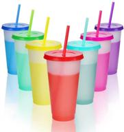 🌈 vibrant color changing cups tumblers with lids and straws - set of 7 reusable bulk tumblers: perfect for adults and kids - 24oz capacity tumbler logo