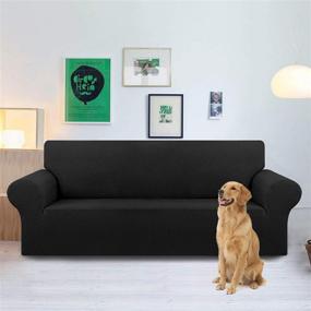 img 3 attached to 🛋️ Stretch Sofa Cover Slipcover: Furniture Protector for 3 Seater Couch (79"-94"), Elastic Bottom, Kids and Pet-Friendly, Jacquard Small Checked Pattern Fabric - Large, Black