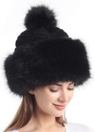 soul young women's black faux fur hat: russian cossack knit pom-pom ski snow cap for winter – white logo