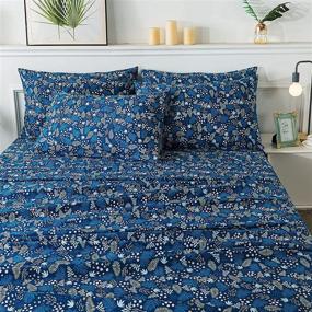 img 2 attached to 🌿 FADFAY Blue Leaves Full Size Printed Cotton Sheets Set - Vintage Farmhouse Bedding with Botanical Floral Pattern - Ultra Soft, Durable, and Luxurious - Chic Design with Deep Pocket Fitted Sheet - 4 Piece Set