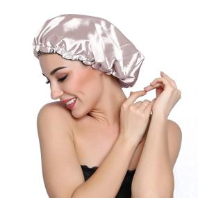 img 1 attached to 🌙 ELIHAIR Adjustable Satin Stain Bonnet Silky Sleep Cap Reversible Double Layer in Champagne/Grey - Ideal for Night Sleeping and Hair Protection