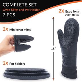 img 3 attached to 🔥 7-Piece Black Silicone Kitchen Accessories Set - Oven Mitts & Pot Holders - Extra Large 15 Inches Stove Mitts for Hand Protection - Waterproof Cooking Gloves - Includes Mats and Mini Mitts