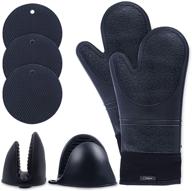 🔥 7-piece black silicone kitchen accessories set - oven mitts & pot holders - extra large 15 inches stove mitts for hand protection - waterproof cooking gloves - includes mats and mini mitts logo