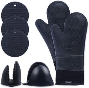 img 4 attached to 🔥 7-Piece Black Silicone Kitchen Accessories Set - Oven Mitts & Pot Holders - Extra Large 15 Inches Stove Mitts for Hand Protection - Waterproof Cooking Gloves - Includes Mats and Mini Mitts