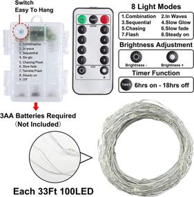 img 2 attached to 3 пачки новогодних украшений: общее количество светодиодов 300LED, длина провода 99 футов, серия феерических огней из медной проволоки с таймером, 8 режимов дистанционного управления, водонепроницаемые, работают от батареи, для украшения новогодней ели, внутри и снаружи дома - 100LED / 33 фута каждая (теплый белый).