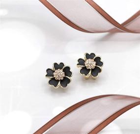 img 2 attached to Gold Tone Sterling Silver Pin Enameled Cherry Blossom 🌸 Flower Earrings for Women and Girls - Black/White Stud Statement Earrings