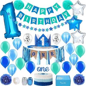 img 4 attached to 🎉 Sea Green and Blue 1st Birthday Decorations for Baby Boys: Star-Themed High Chair ONE Banner, Crown, and Balloons