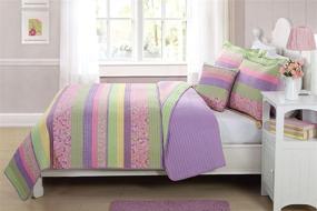 img 1 attached to 🦋 Elegant Home 3 Piece Reversible Cozy Colorful Twin Size Quilt Bedspread Set with Decorative Pillow - Multicolor Purple Yellow Green Pink Fun Striped with Butterflies Print - Perfect for Kids/Girls Bedroom