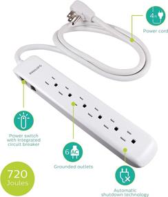 img 3 attached to 💡 Philips 6-Outlet Surge Protector with 4ft Extension Cord and Flat Plug, 720 Joules, Wall Mountable, Circuit Breaker, Automatic Shutdown, ETL Listed - White (SPP3064WE/37)