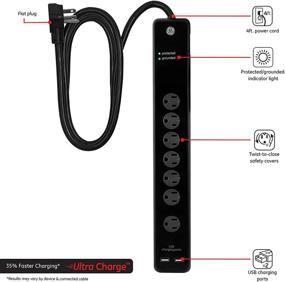 img 3 attached to Защита от перенапряжения GE Power Strip, 7 розеток с 2 портами USB для зарядки, кабель на 4 фута, удлиненное расположение розеток, USB-зарядка на 10 Вт, плоский штекер, 1500 джоулей, сертифицированно по UL, черный (25795)