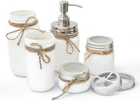 img 1 attached to Mkono White Mason Jar Bathroom Accessories Set – 5 Piece Rustic Country Countertop Fall Decor Including Soap Dispenser, Cotton Swab Holder, Tissue Holder, Toothbrush Holder