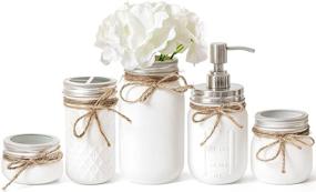 img 4 attached to Mkono White Mason Jar Bathroom Accessories Set – 5 Piece Rustic Country Countertop Fall Decor Including Soap Dispenser, Cotton Swab Holder, Tissue Holder, Toothbrush Holder