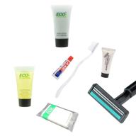 🛀 eco amenities 7-piece all-in-kit: hotel toiletries bulk guest shower bath amenities - soap, body lotion, shampoo & conditioner 2 in 1, toothbrush, toothpaste, shave razor, shave cream, vanity kit - total 252pcs logo