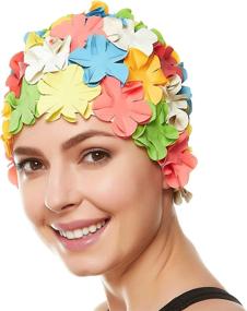 img 4 attached to 🌸 BEEMO Floral Petal Women's Bathing Swim Cap - Retro Swim Hat for Long/Short Hair