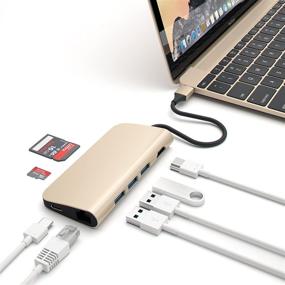 img 4 attached to Satechi Aluminum Multi-Port Adapter 4K HDMI, USB-C Pass Through, Gigabit Ethernet, SD/Micro Card Readers, USB 3.0 - Compatible with 2020 MacBook Pro, 2020 MacBook Air, 2020 iPad Pro (Gold): Enhance Connectivity and Functionality