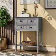 merax gray wash console sofa table: 3 drawers, bottom shelf for living room, entryway, hallway logo