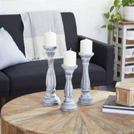 traditional set of 3 large whitewashed wood candle holders with dark brown & white finish - 15”, 13”, and 11” turned column candlesticks for stylish table decor logo