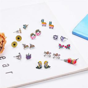 img 2 attached to Hypoallergenic Stainless Steel Stud Earrings Set with Cute Animal Alpaca, Rainbow Unicorn Designs - Perfect Jewelry Gifts for Girls, Teens, and Women