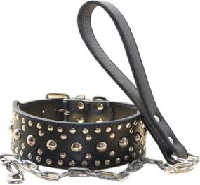 img 2 attached to 🐾 2&#34; Wide Leather Studded Dog Collar Chain Leash Combo Set for Medium Large Pitbull Husky Mastiff Terrier - Haoyueer Pet Supply