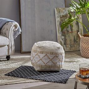 img 3 attached to 🪑 Janet Cube Pouf, Boho Style in Ivory Hemp and Cotton Chindi by Christopher Knight Home