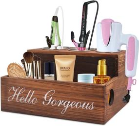 img 4 attached to 🧖 Rustic Wooden Hair Tools Organizer Holder for Bathroom Countertop - Styling Tools & Accessories Storage Caddy for Blow Dryer, Curling Iron, Hair Straightener (Brown)