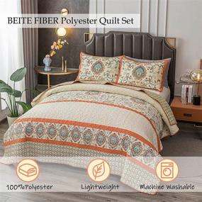 img 1 attached to 🛏️ BEITE FIBER Warm Queen Size Quilt Sets - 3 Piece Polyester Red Quilts: 1 Quilt, 2 Standard Shams. Reversible Bedspreads with Bohemia Patchwork Design. All Season Bedding Set Featuring Olive Leaf Geometric Pattern.