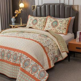 img 3 attached to 🛏️ BEITE FIBER Warm Queen Size Quilt Sets - 3 Piece Polyester Red Quilts: 1 Quilt, 2 Standard Shams. Reversible Bedspreads with Bohemia Patchwork Design. All Season Bedding Set Featuring Olive Leaf Geometric Pattern.