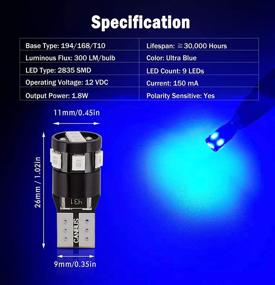 img 3 attached to BRISHINE 300LM Extremely Bright Canbus Error Free 194 168 2825 W5W T10 LED Bulbs Ultra Blue 9-SMD 2835 LED Chipsets For Dome Map Door Courtesy License Plate Lights (Pack Of 4)