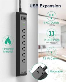 img 3 attached to 🔌 12FT Long Power Strip Surge Protector - 6 Outlets, 2 USB Ports, Heavy-Duty Design, Wall Mountable - 2 Pack