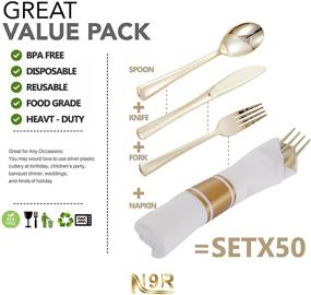 img 1 attached to 🍽️ N9R 50 Pack Pre Rolled Gold Plastic Cutlery Set: Disposable Silverware Set for Parties and Weddings with 50 Forks, 50 Knives, 50 Spoons, and 50 Napkins