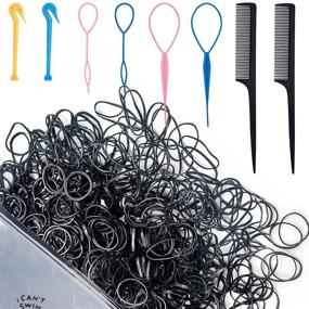 img 4 attached to 💇 AIBEE 1000 PCS Mini Black Elastic Hair Bands for Kids Girls Hair Braids with 8 PCS Hair Styling Tools: Soft Hair Elastics Ties Bands – Ideal for Hair Styling