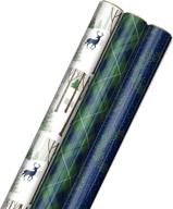 hallmark foil holiday wrapping paper - woodland scene with deer, green and navy blue plaid, 🎁 wreaths on navy blue (3 rolls: 60 sq. ft. total) - enhanced with cut lines on reverse side logo