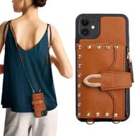 📱 zve iphone 11 wallet case with rivet design - 6.1" 2019 credit card holder, crossbody wallet purse with wrist strap, brown leather protective cover for apple iphone 11, 6.1 inch logo