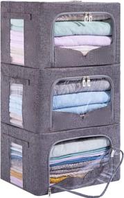 img 4 attached to 📦 Dark Gray 3 Pack Clothes Storage Bins - Foldable Metal Frame Storage Box - Stackable Linen Fabric Container Organizer Set with Carrying Handles and Clear Window - 15.7x11.8x11.8inch (36L)