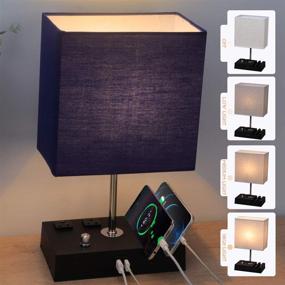 img 1 attached to Versatile and Stylish Fully Dimmable Table Lamp with Dual USB Port and Charging Station - EVISTR Bedside Lamp for Bedroom and Living Room with 2 Power Outlets, Fabric Lampshade LED Bulb Included (Black/Navy)