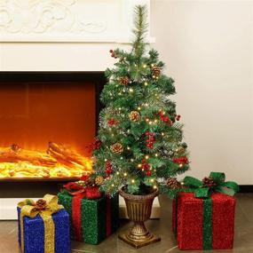 img 3 attached to 🎄 Juegoal 3 FT Pre-Lit Crestwood Spruce Christmas Tree: Festive Entrance Decor with 100 LED Fairy Lights, Pine Cones, Red Berries in Gold Urn Base - Perfect Xmas Home Decorations, 1 Pack